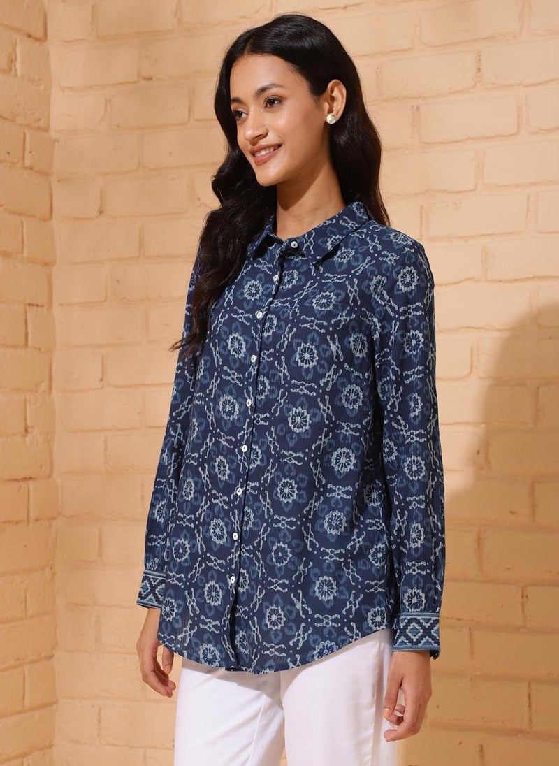 Blue Cotton Printed Shirt