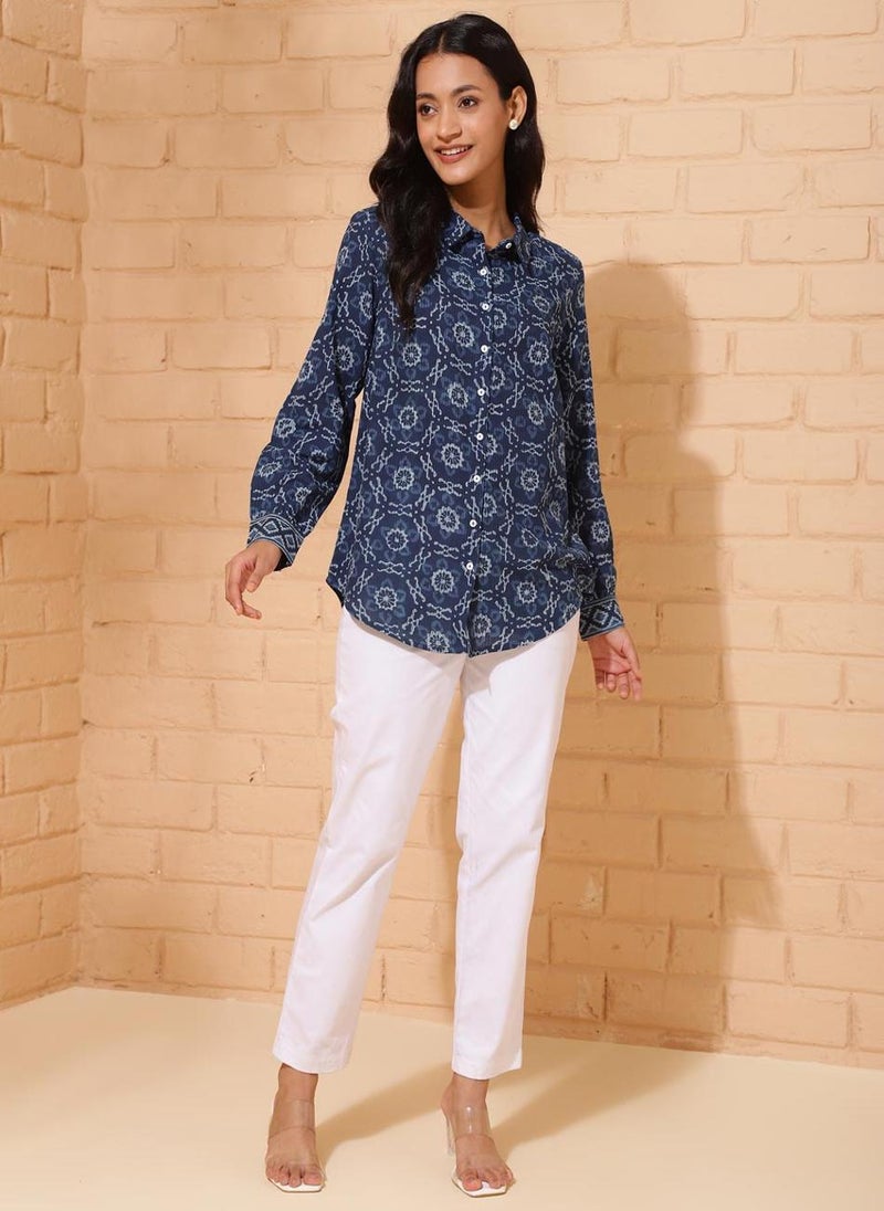 Blue Cotton Printed Shirt