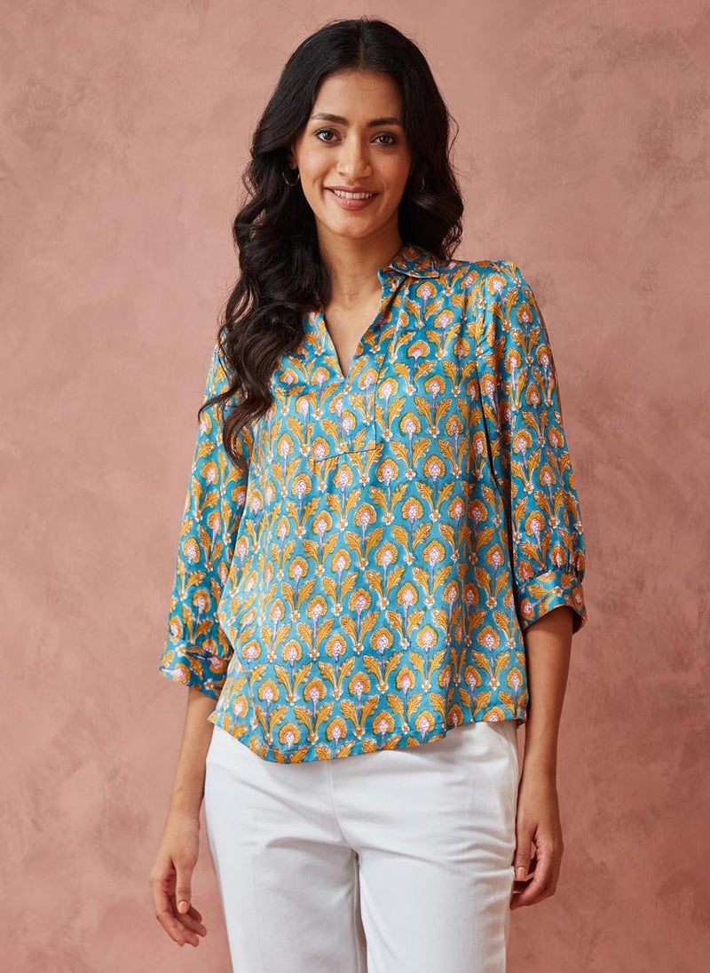 Teal Rayon Blend Hand Block Printed Top