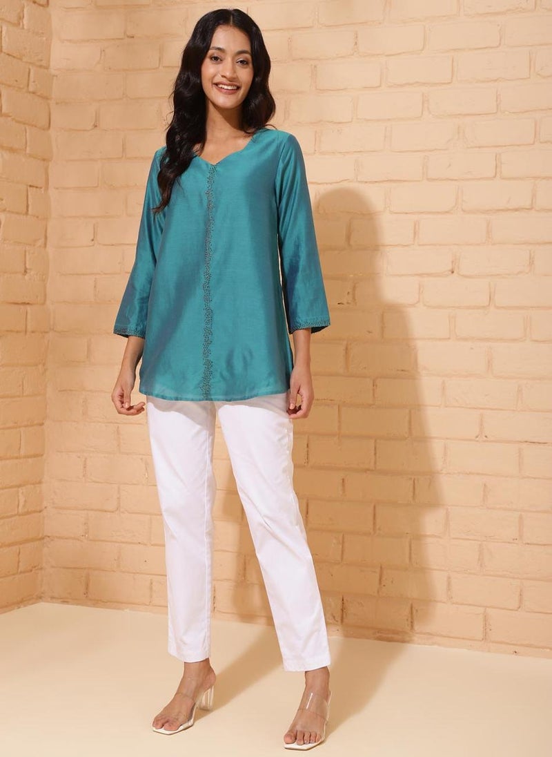 Blue Cotton Silk Woven Tunic