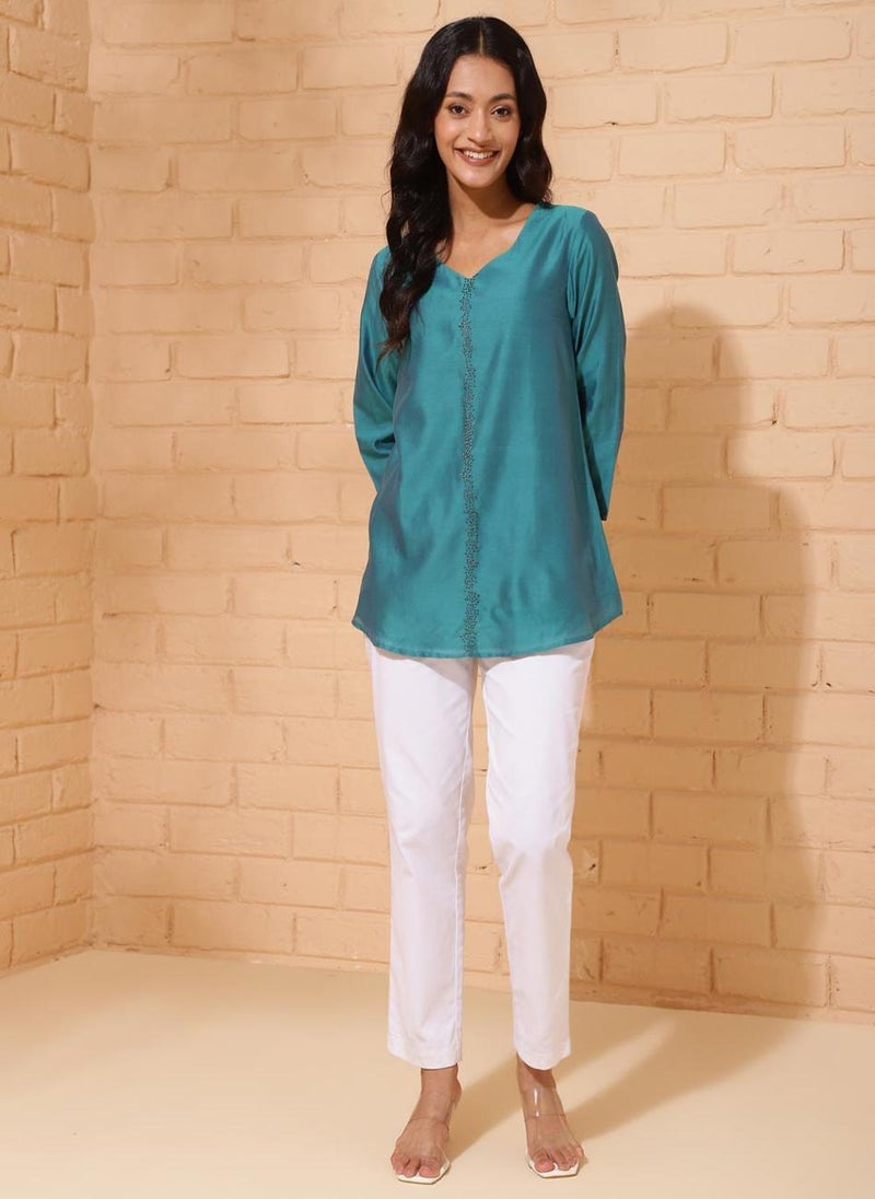 Blue Cotton Silk Woven Tunic