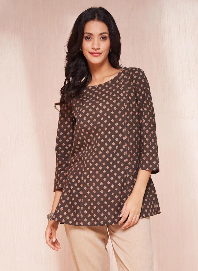 Brown Cotton Printed Short Kurta