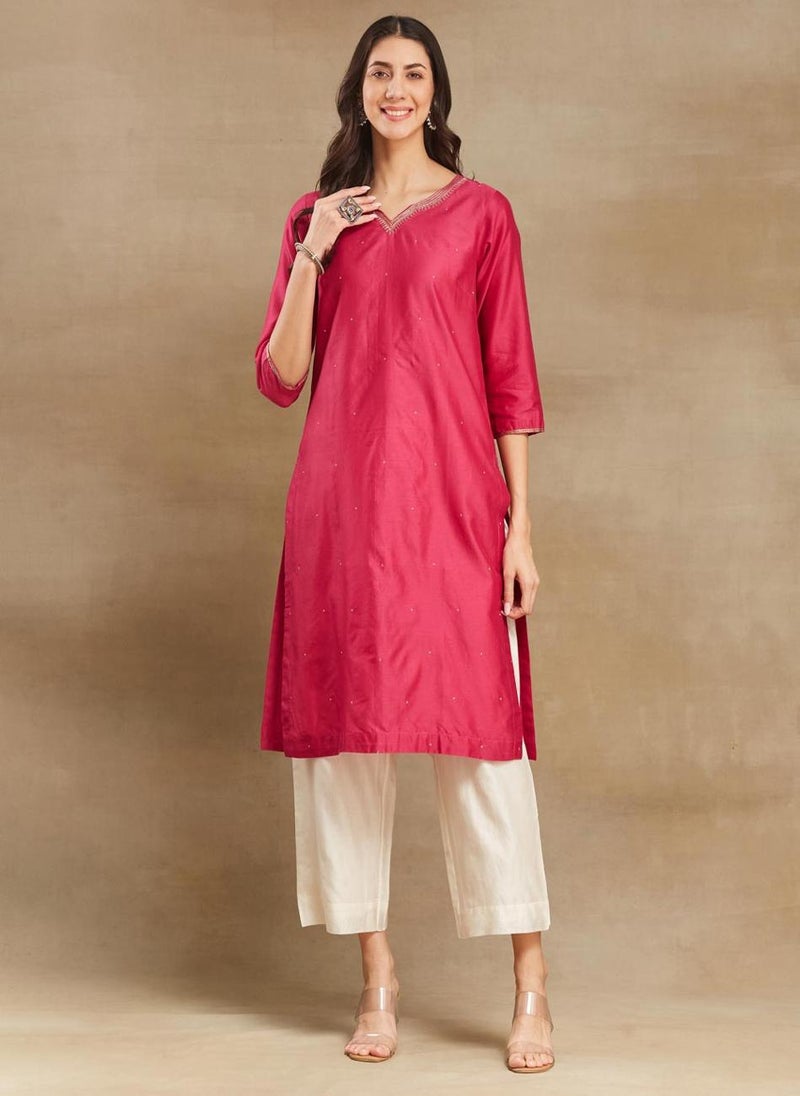 Pink Cotton Silk Calf Length Long Kurta