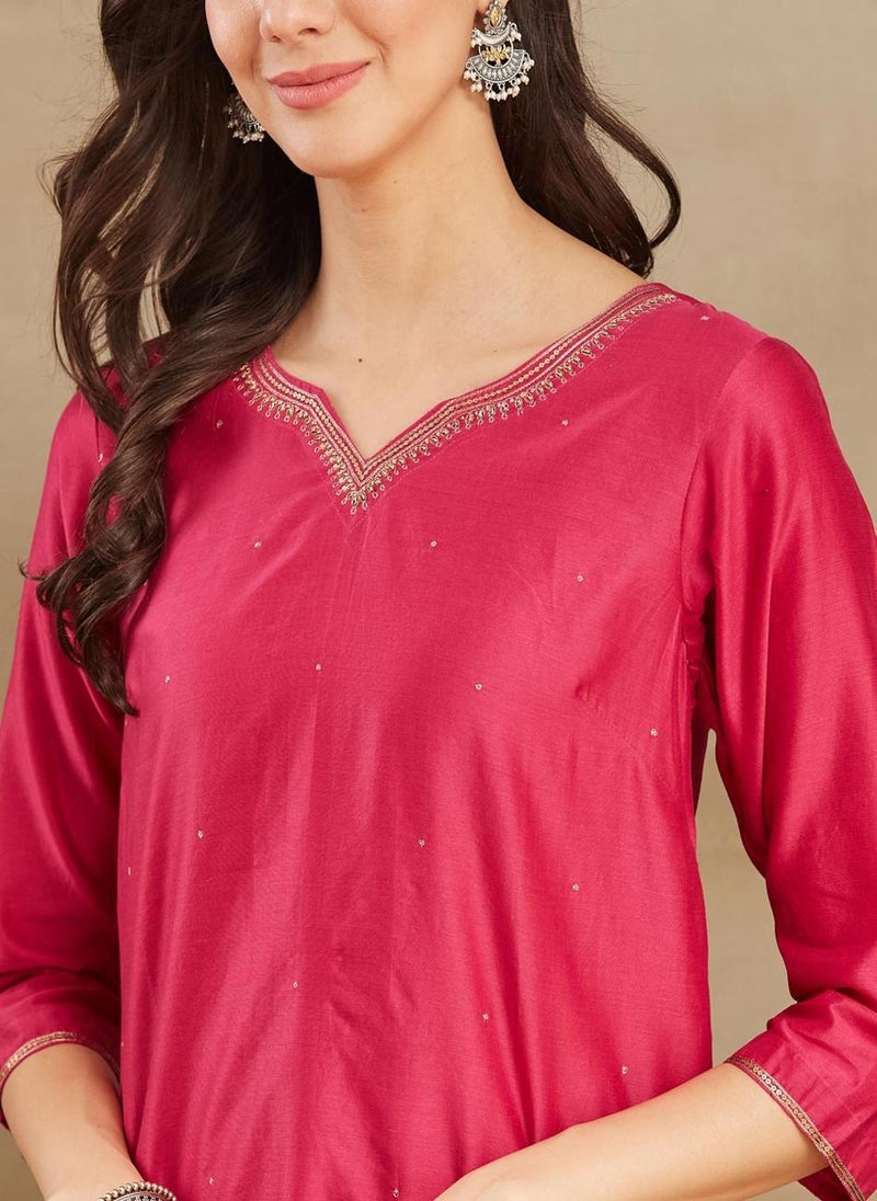 Pink Cotton Silk Calf Length Long Kurta