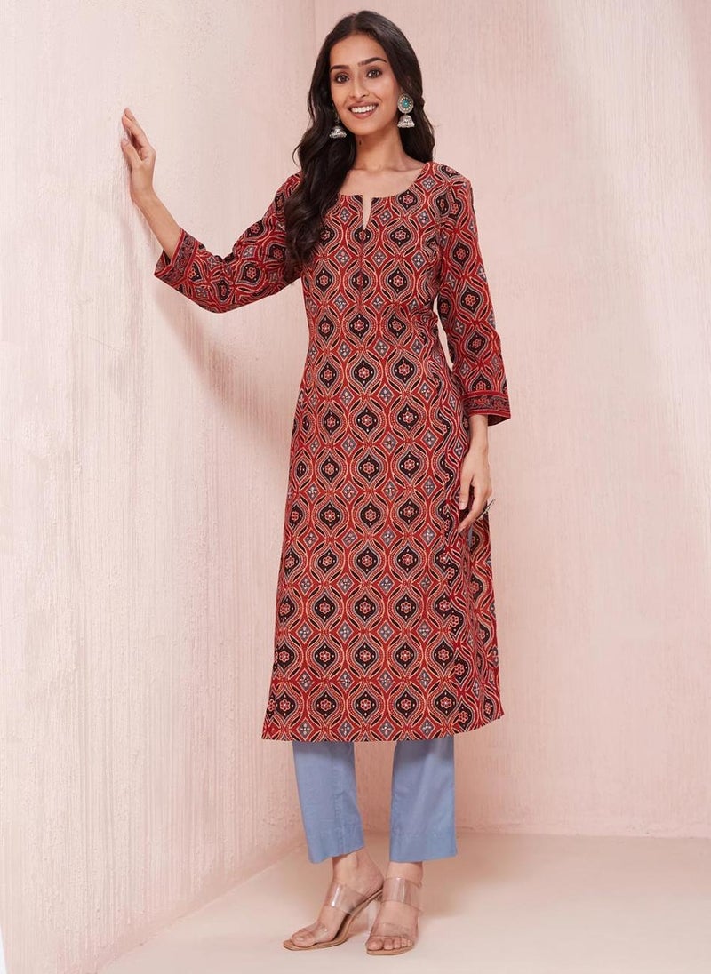 Maroon Cotton Ajrakh Printed Slim Fit Long Kurta