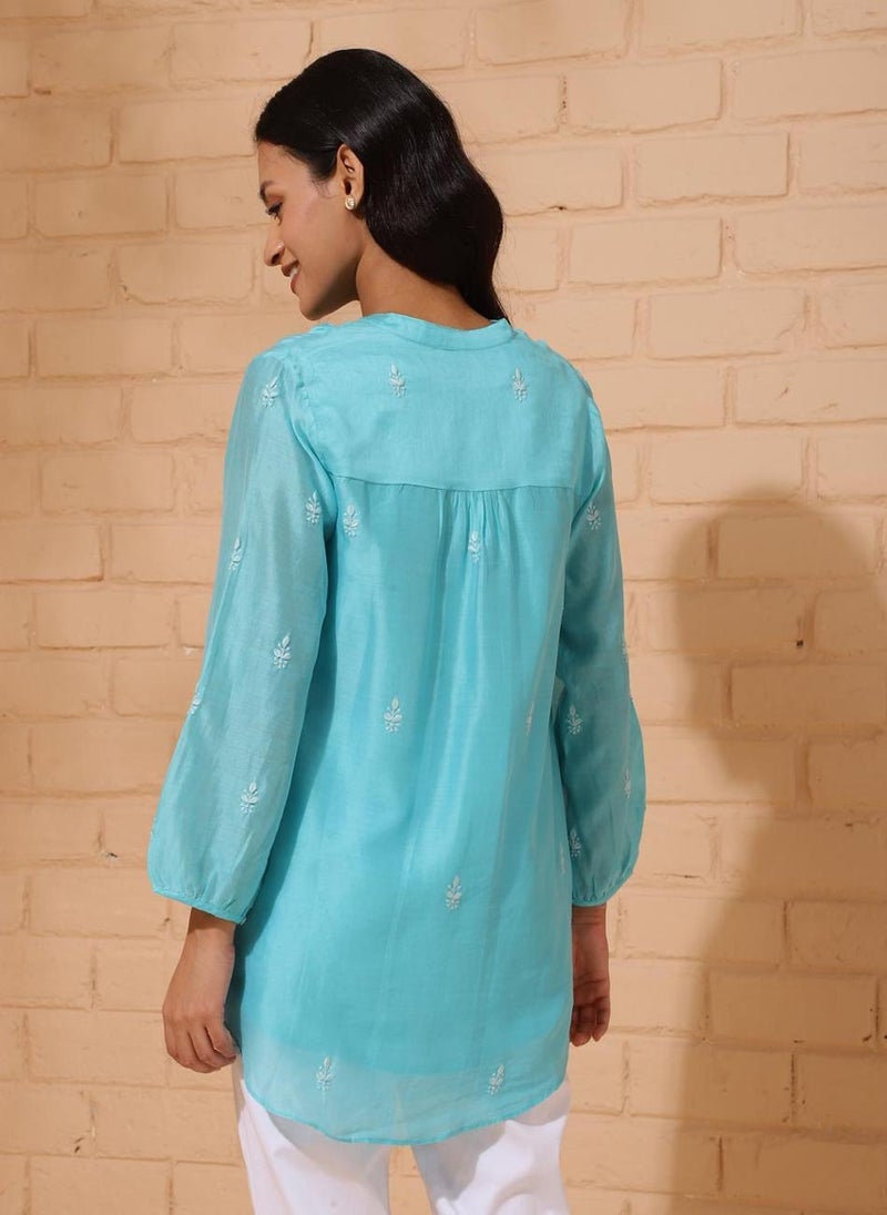 Blue Cotton Silk Chikankari Slip & Tunic