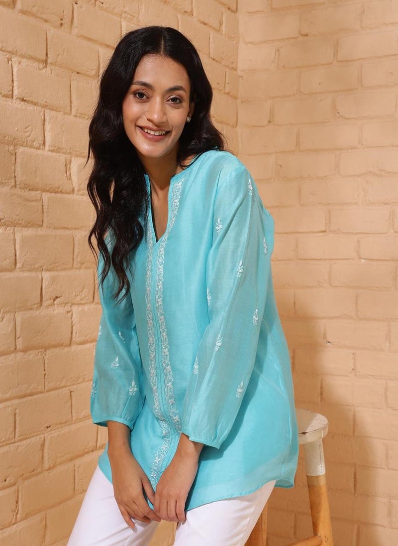 Blue Cotton Silk Chikankari Slip & Tunic