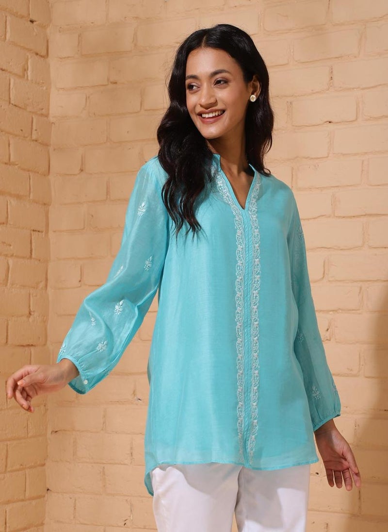 Blue Cotton Silk Chikankari Slip & Tunic