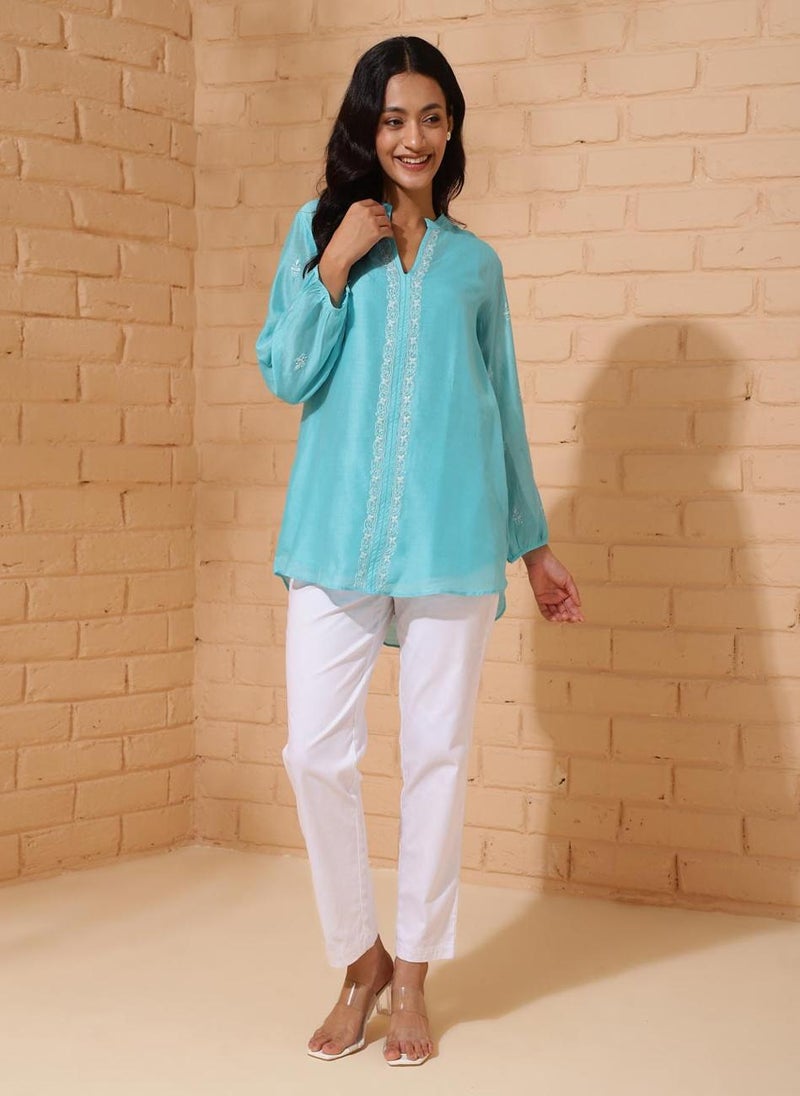 Blue Cotton Silk Chikankari Slip & Tunic