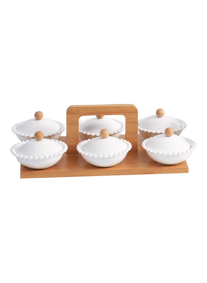 6-Piece Serving Set With Wooden Tray White/Beige 4.5inch