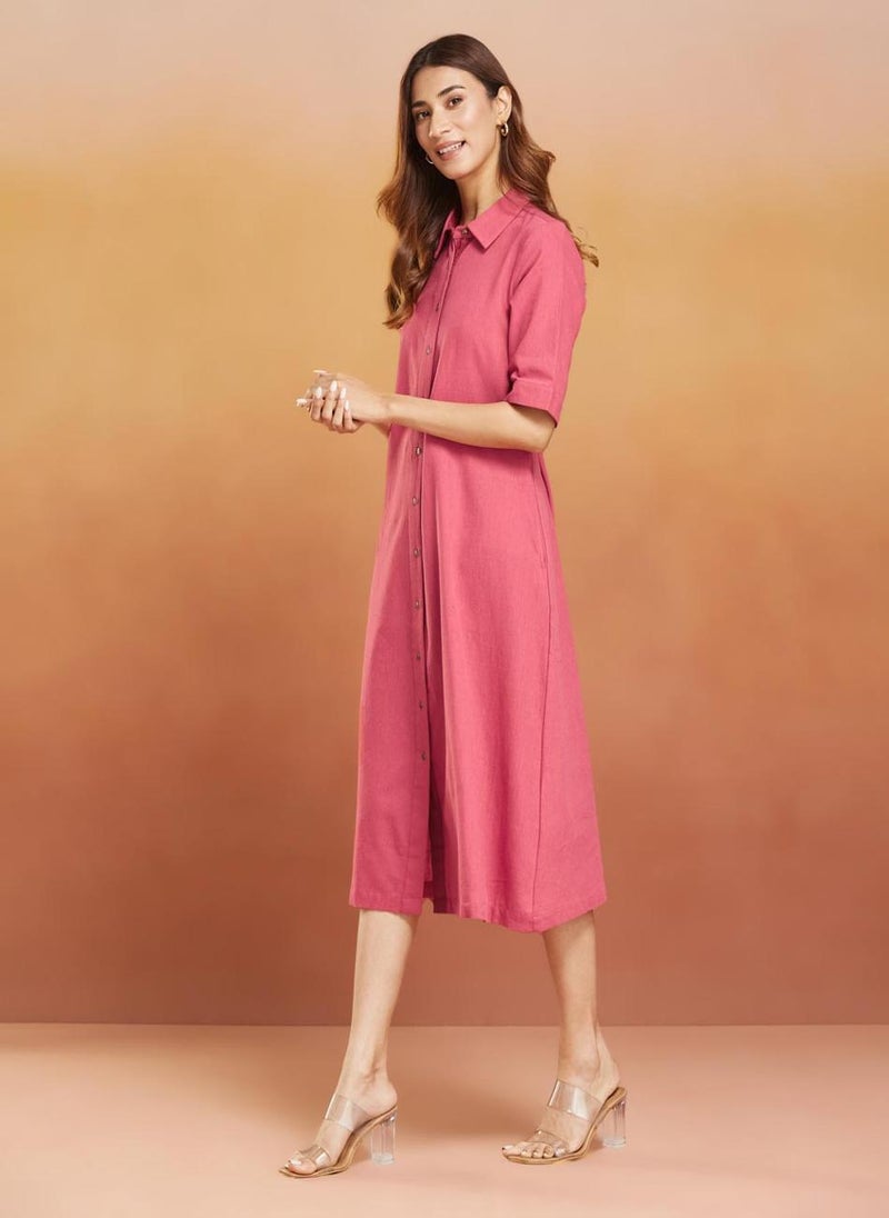 Red Cotton Calf Length Midi Dress