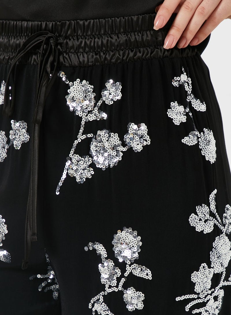 Floral Embroidered Wide Leg Pants