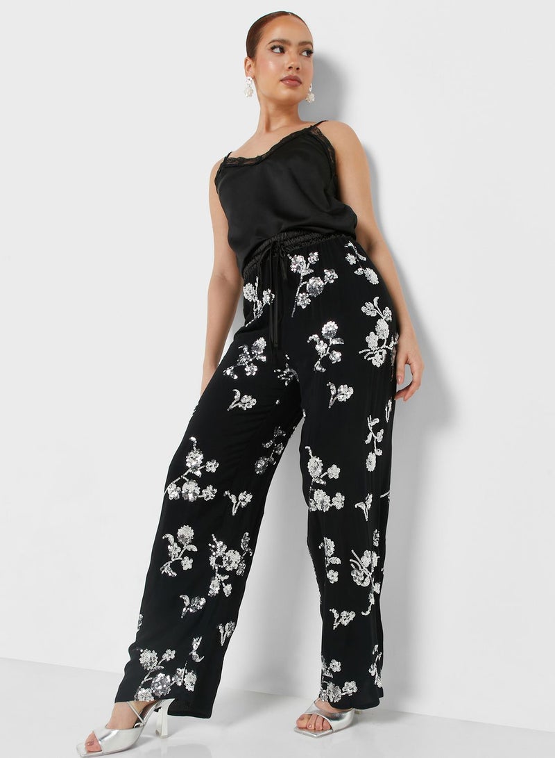 Floral Embroidered Wide Leg Pants