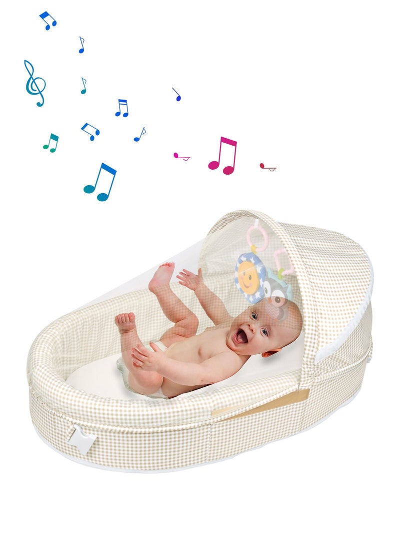 Baby Travel Cot with Mosquito Net And Awning, Foldable Baby Tent With Hanging Toy And Music, Portable And Washable Baby Travel Bed