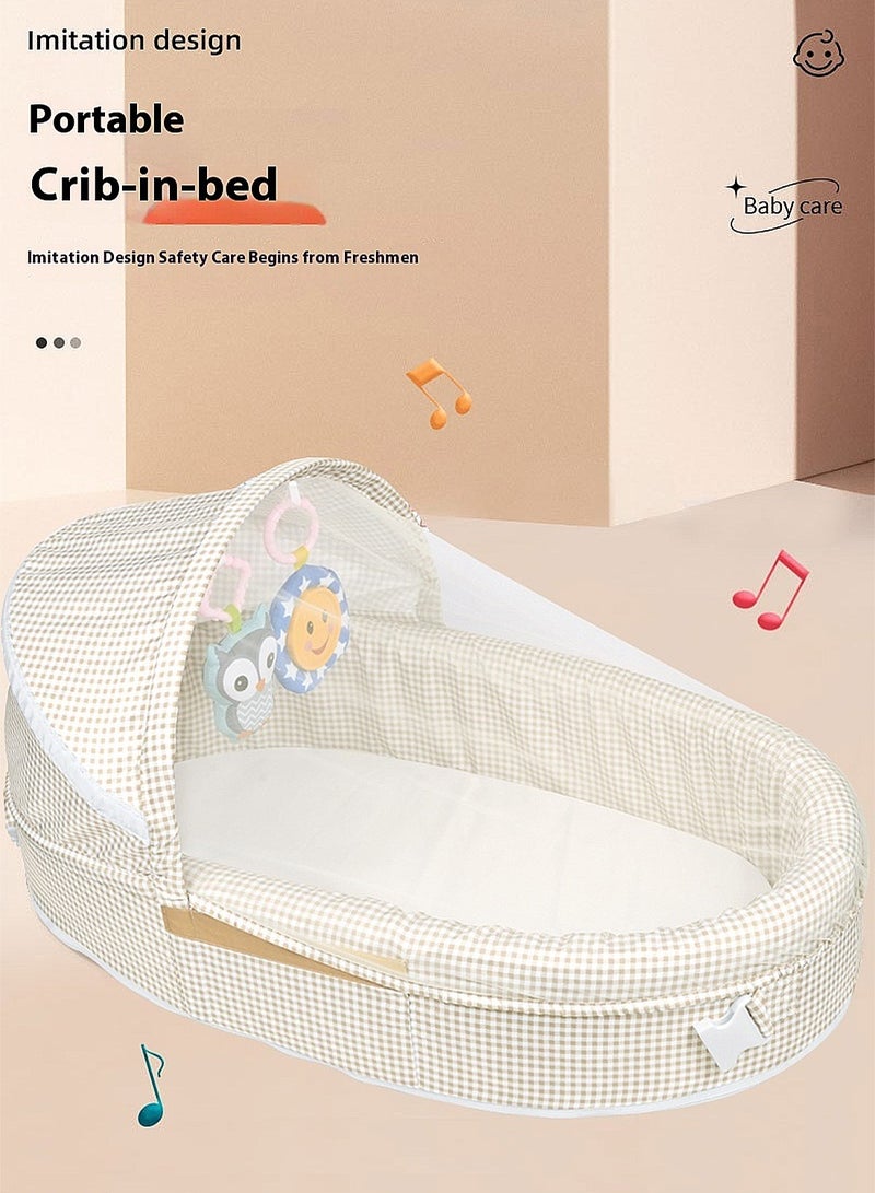 Baby Travel Cot with Mosquito Net And Awning, Foldable Baby Tent With Hanging Toy And Music, Portable And Washable Baby Travel Bed