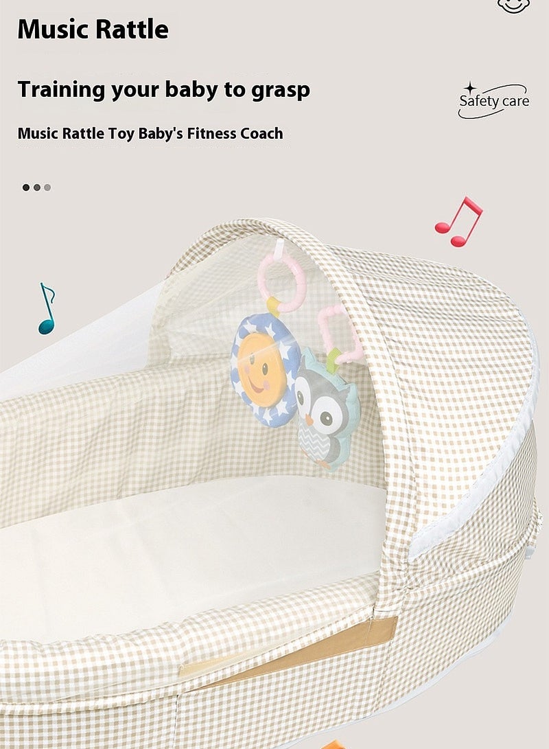 Baby Travel Cot with Mosquito Net And Awning, Foldable Baby Tent With Hanging Toy And Music, Portable And Washable Baby Travel Bed