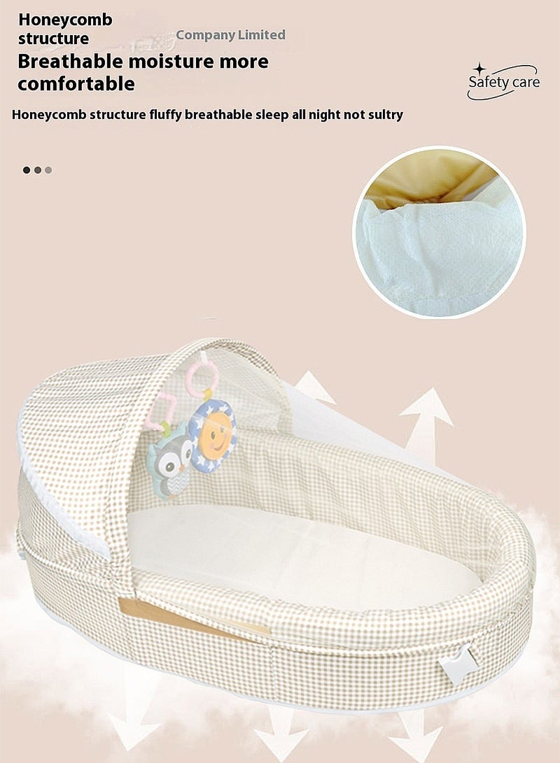 Baby Travel Cot with Mosquito Net And Awning, Foldable Baby Tent With Hanging Toy And Music, Portable And Washable Baby Travel Bed