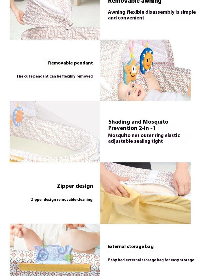 Baby Travel Cot with Mosquito Net And Awning, Foldable Baby Tent With Hanging Toy And Music, Portable And Washable Baby Travel Bed