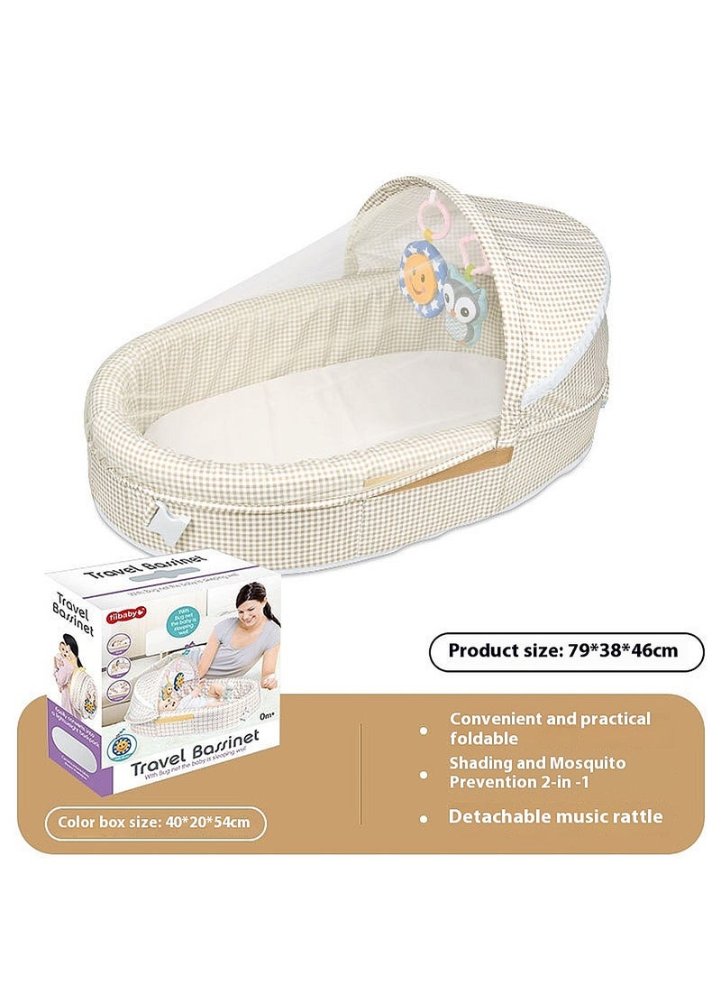 Baby Travel Cot with Mosquito Net And Awning, Foldable Baby Tent With Hanging Toy And Music, Portable And Washable Baby Travel Bed