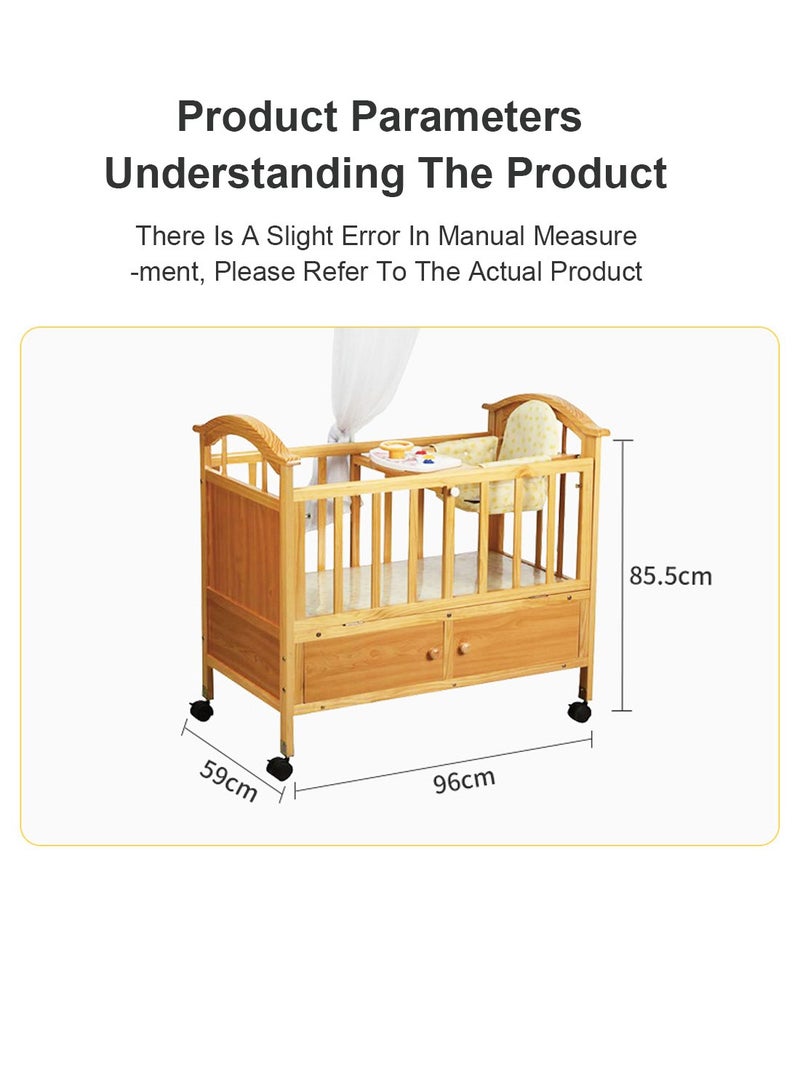 Multifunctional Wooden Baby Cot, Adjustable Rocking Bed With Rollers, Baby Bed Suitable From 0-3 Years