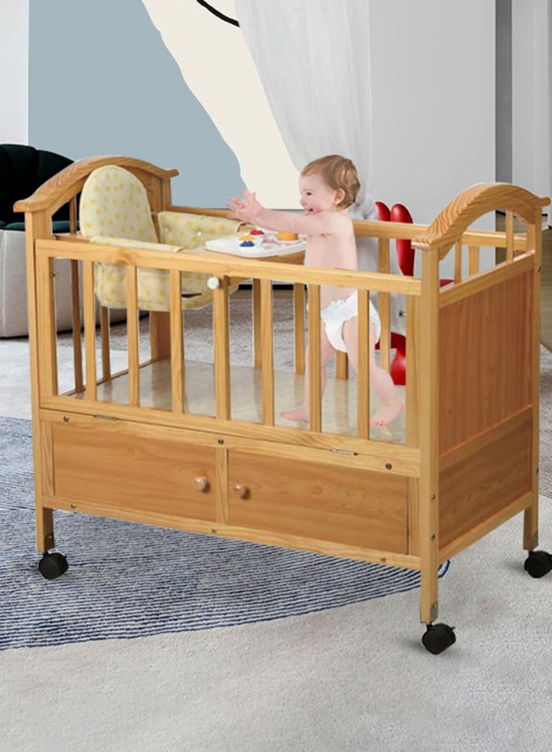 Multifunctional Wooden Baby Cot, Adjustable Rocking Bed With Rollers, Baby Bed Suitable From 0-3 Years