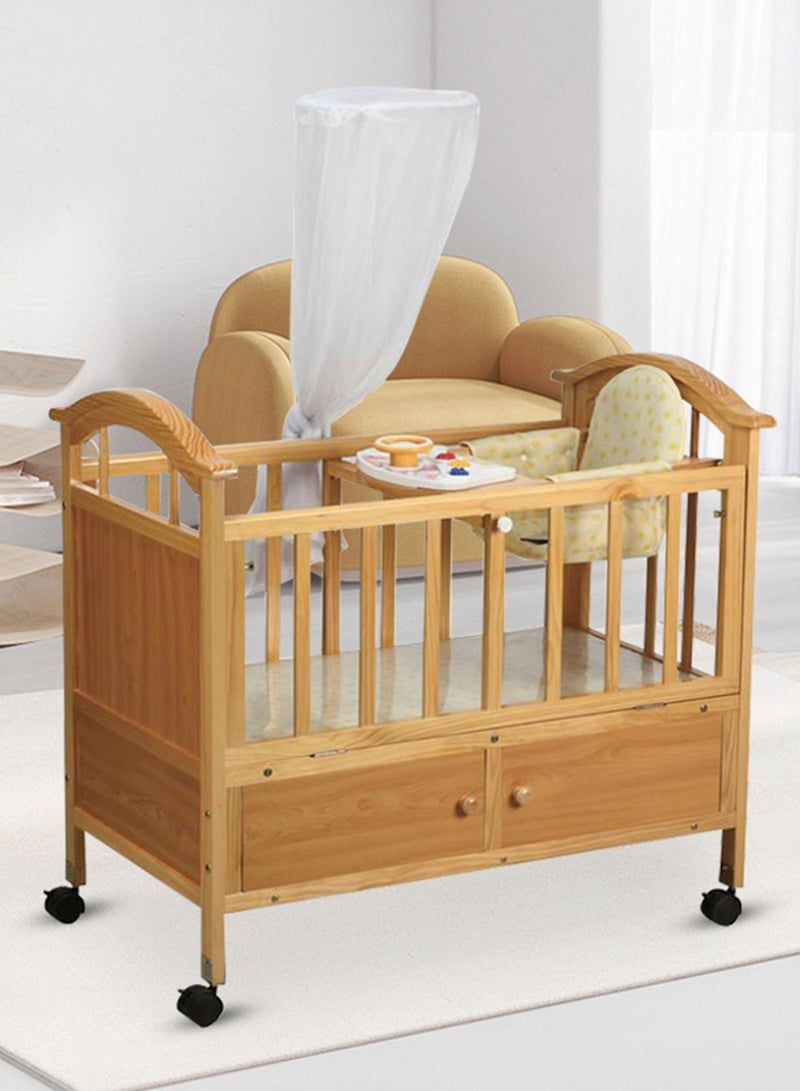 Multifunctional Wooden Baby Cot, Adjustable Rocking Bed With Rollers, Baby Bed Suitable From 0-3 Years