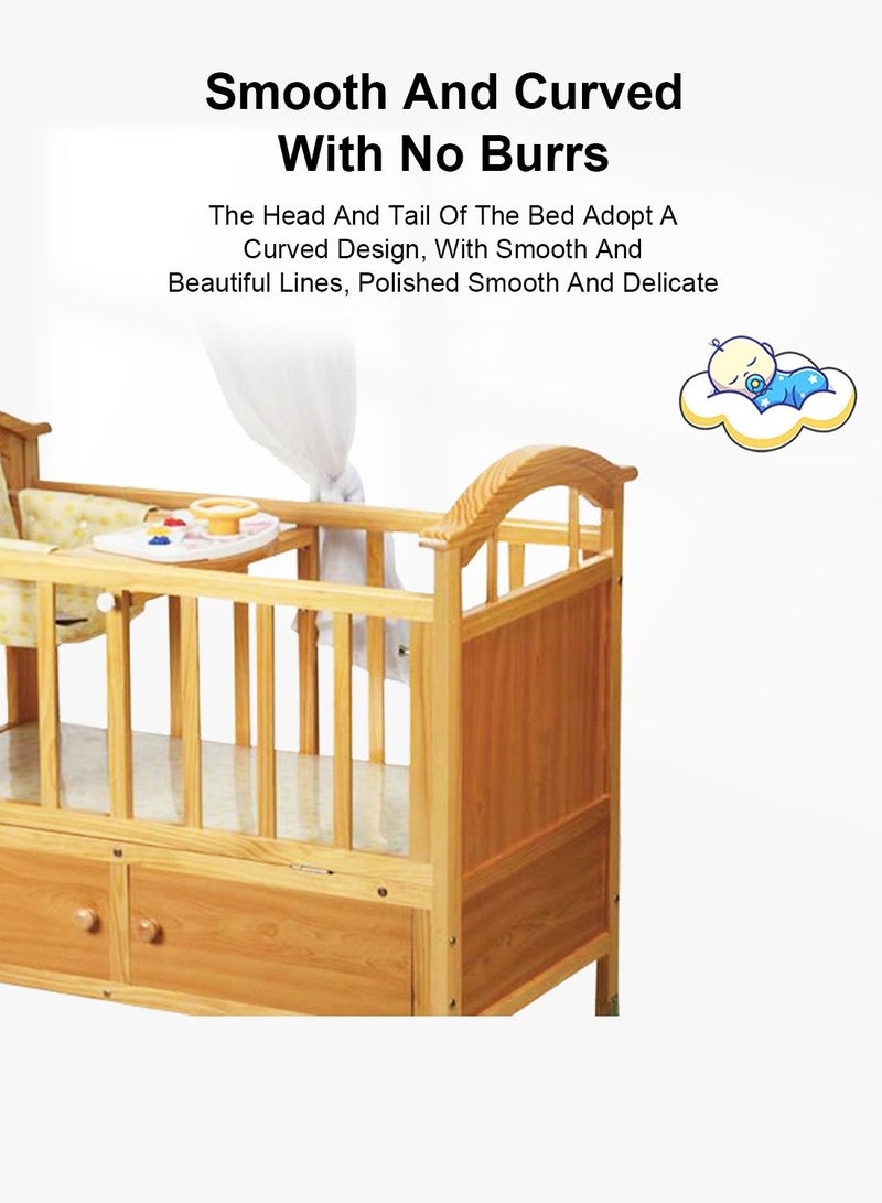 Multifunctional Wooden Baby Cot, Adjustable Rocking Bed With Rollers, Baby Bed Suitable From 0-3 Years