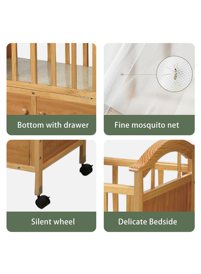 Multifunctional Wooden Baby Cot, Adjustable Rocking Bed With Rollers, Baby Bed Suitable From 0-3 Years
