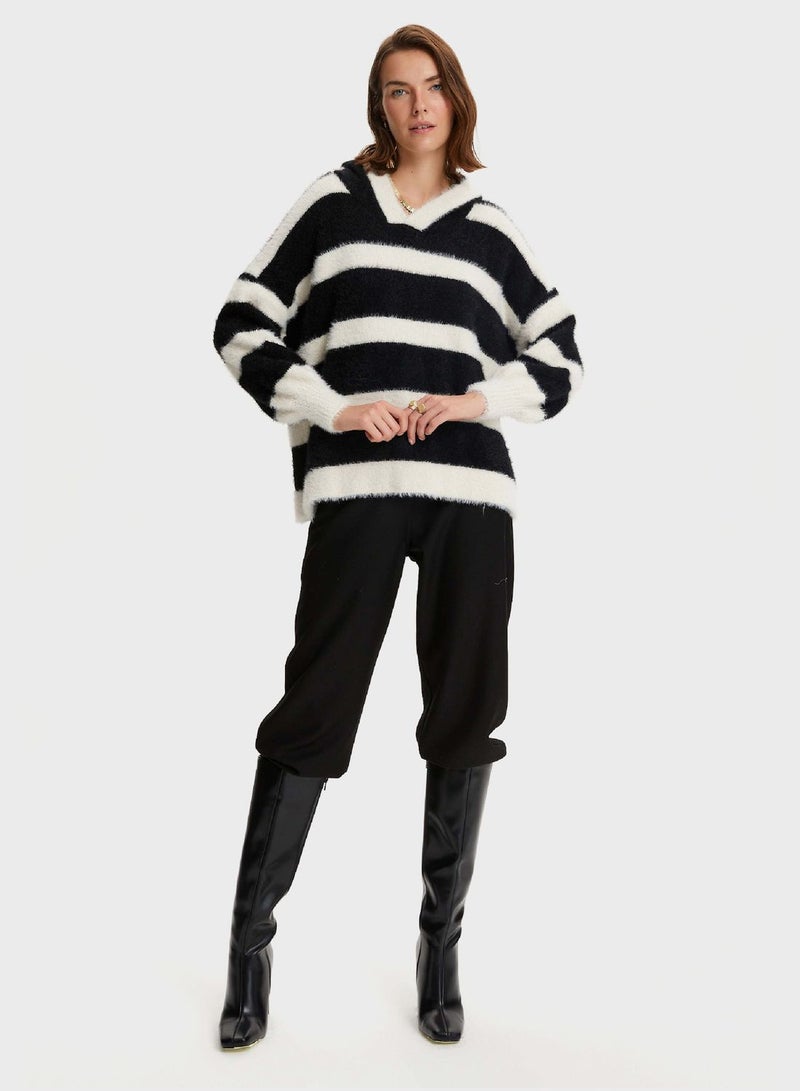 Striped Hoodie Neck Sweater