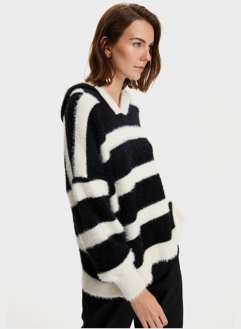 Striped Hoodie Neck Sweater