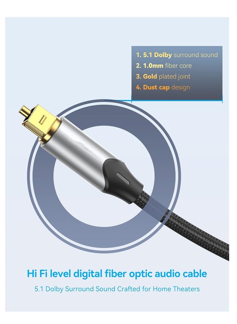 Digital Optical Audio Cable 3.3ft Nylon Braided Fiber, Slim Metal Case, Gold Plated Plug, Toslink Fiber Optic Audio Cable for Sound Bar TV PS4 S*msung Vizio Bose LG, 1 Pcs