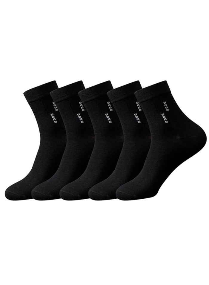 5 Pairs of Men's Socks: Mid Calf, Formal, Moisture Wicking, All Seasons, Solid Black with Star Dot Pattern, Business Casual