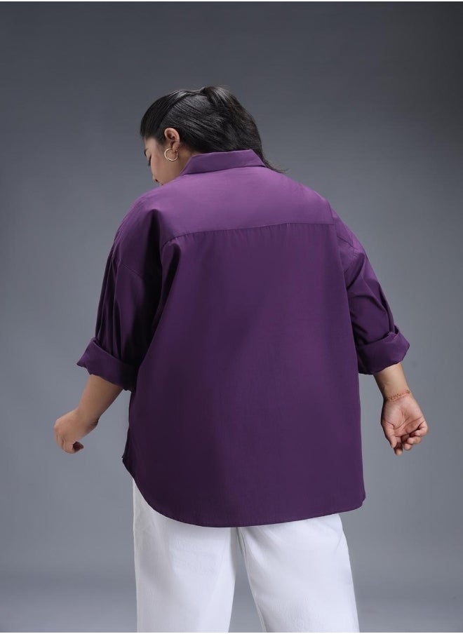 Women's Colorblocked Purple Spread Collar Full Sleeve 100% Cotton Oversized Plus Size Shirt for Women - Trendy and Comfortable Loose Fit