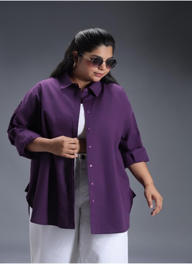 Women's Colorblocked Purple Spread Collar Full Sleeve 100% Cotton Oversized Plus Size Shirt for Women - Trendy and Comfortable Loose Fit