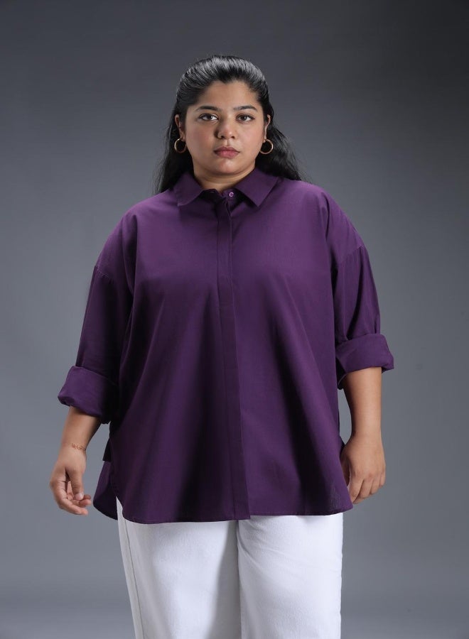 Women's Colorblocked Purple Spread Collar Full Sleeve 100% Cotton Oversized Plus Size Shirt for Women - Trendy and Comfortable Loose Fit