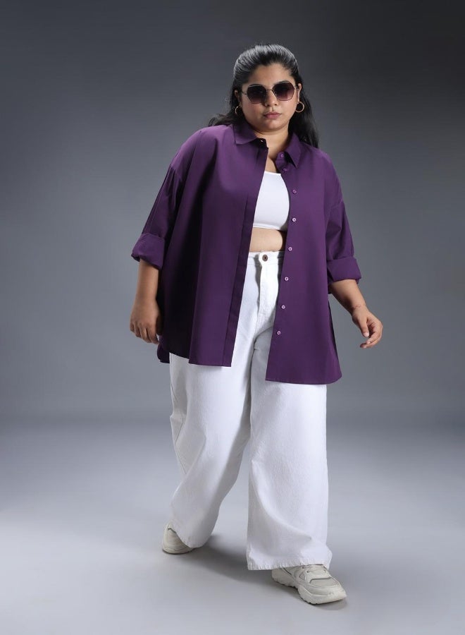 Women's Colorblocked Purple Spread Collar Full Sleeve 100% Cotton Oversized Plus Size Shirt for Women - Trendy and Comfortable Loose Fit