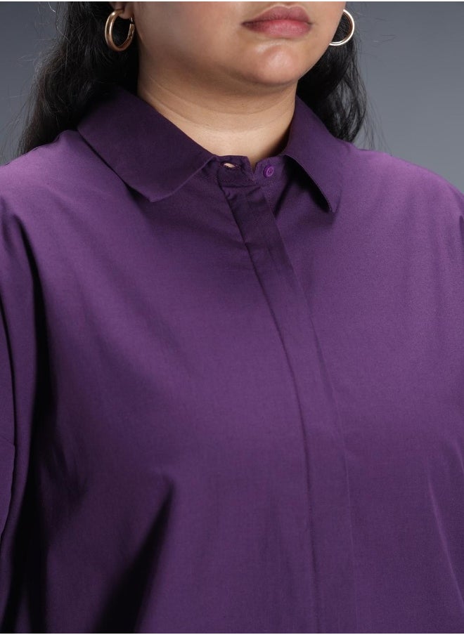 Women's Colorblocked Purple Spread Collar Full Sleeve 100% Cotton Oversized Plus Size Shirt for Women - Trendy and Comfortable Loose Fit
