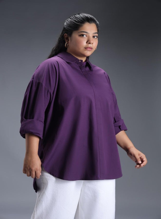 Women's Colorblocked Purple Spread Collar Full Sleeve 100% Cotton Oversized Plus Size Shirt for Women - Trendy and Comfortable Loose Fit