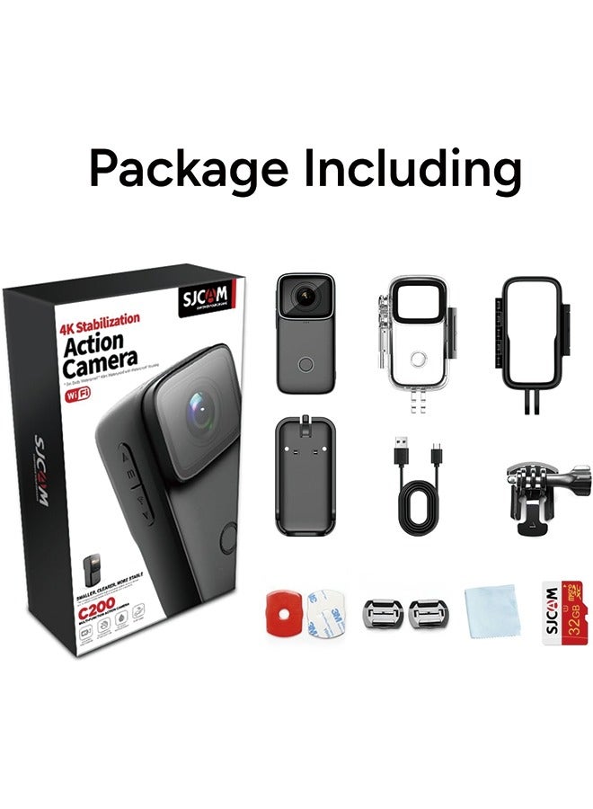SJCAM C200 Mini Action Camera 4KHD Handheld Portable Lightweight 40M Underwater Waterproof Camera with Stabilization, 154° FOV Zoom Lens, Action Cam for Helmet, Bicycle, Vlogging