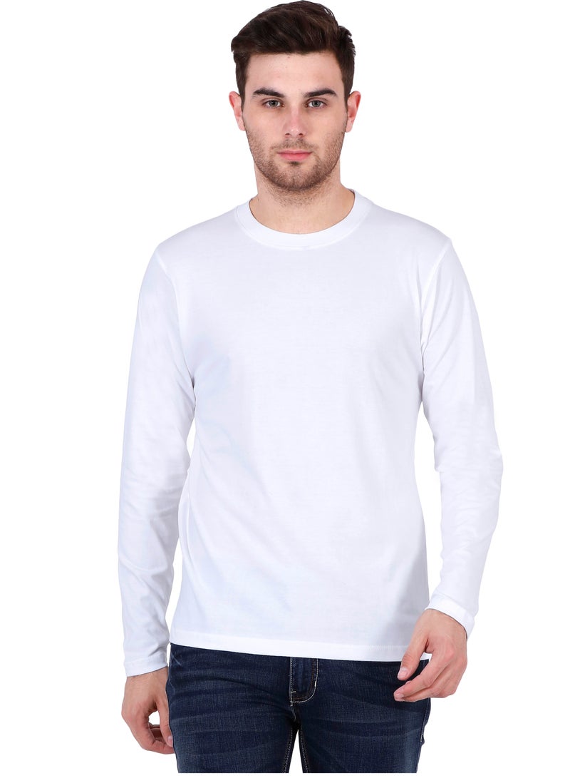 White Men's Cotton Round Neck Full Sleeve Tshirt