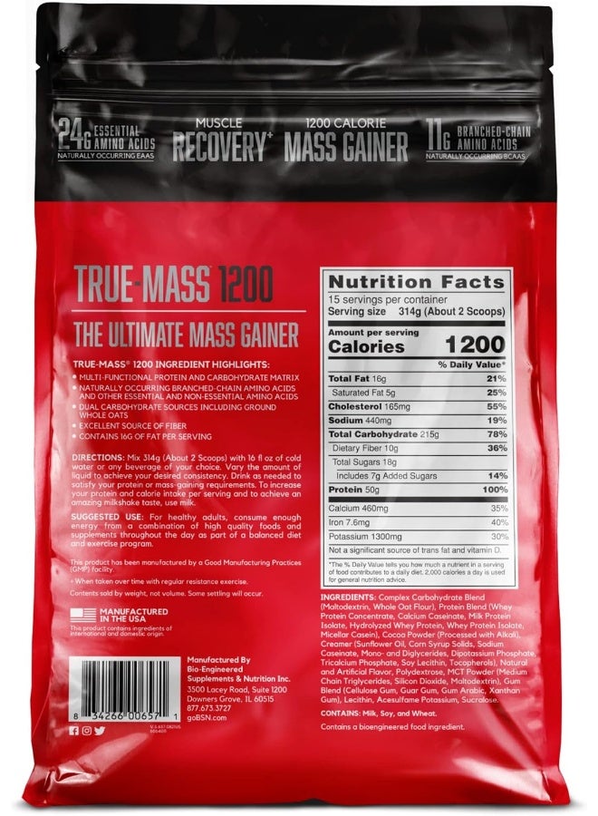 True-Mass 1200 Weight Gainer Muscle Mass Gainer Protein Powder Chocolate Milkshake 10.38 Pound