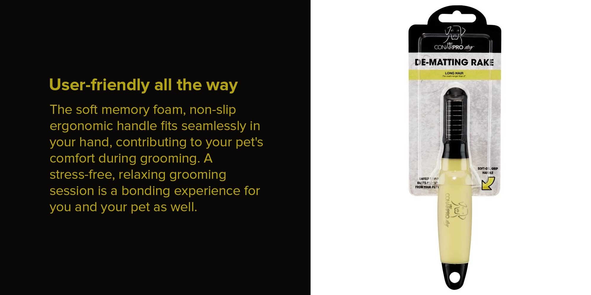 Pro Dematting Dog Rake Black/Yellow 1.25x9.63x5.75inch