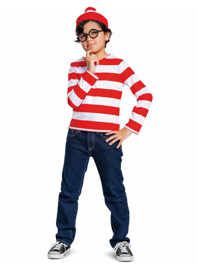 Wheres Waldo Classic Costume, Official Waldo Costume Set with Shirt and Cap with Glasses Outfit, Book Day Classic Child Size Costume