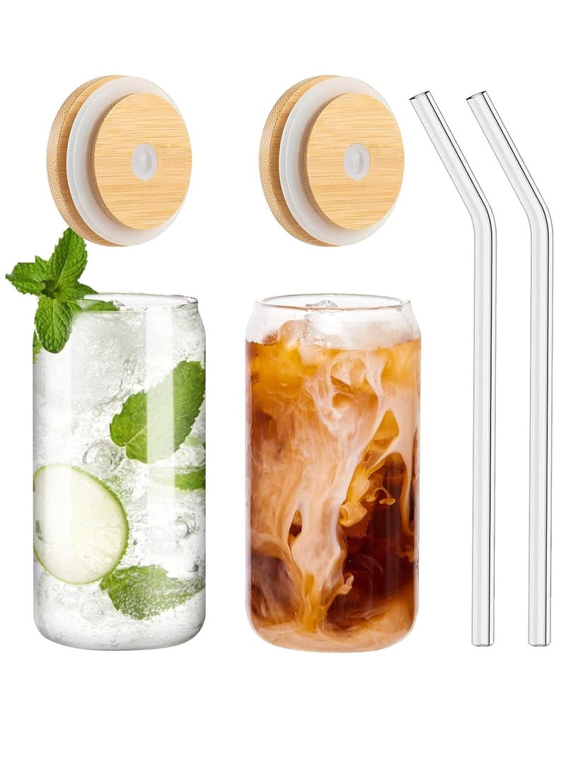 Drinking Glasses Can Shaped with Bamboo Lids and Glass Straw 2pcs Set - 16oz 600ml Coffee, Soda Glass, Beer Glasses, Iced Coffee Glasses, Cute Tumbler Cup, Heat-Resistant Drink Glass