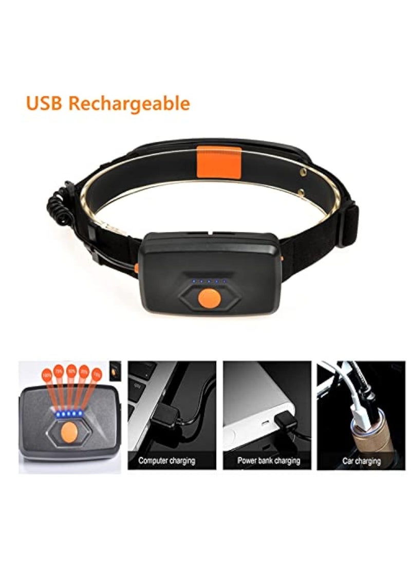 LED Head Torch Rechargeable, Super Bright Headlamp Waterproof Headlight with 3 Lighting Modes, 230° Wide Beam COB Headlight, Adjustable Angle, Lightweight Waterproof Hands-Free Flashlight