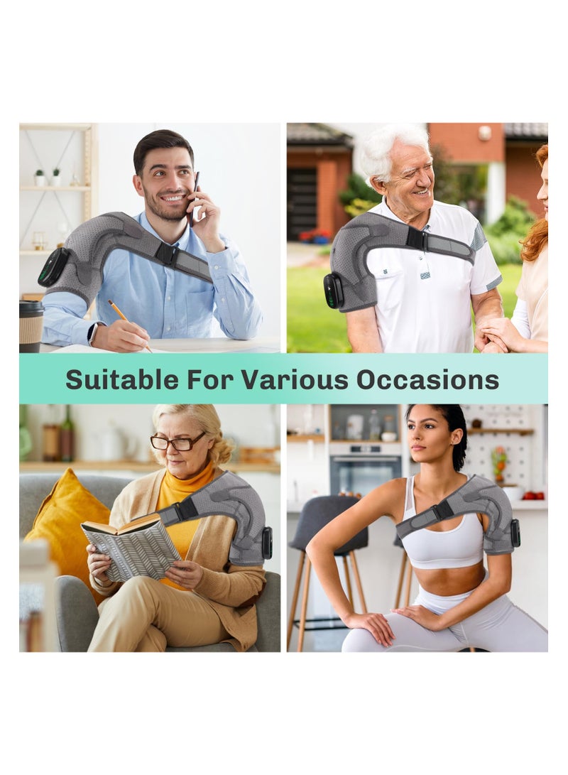 Cordless Heated Shoulder Wrap for Pain Relief, Portable Heating Shoulder Brace Massager with 3 Heat and Vibration Settings, USB Rechargeable Heating Pad for Men and Women