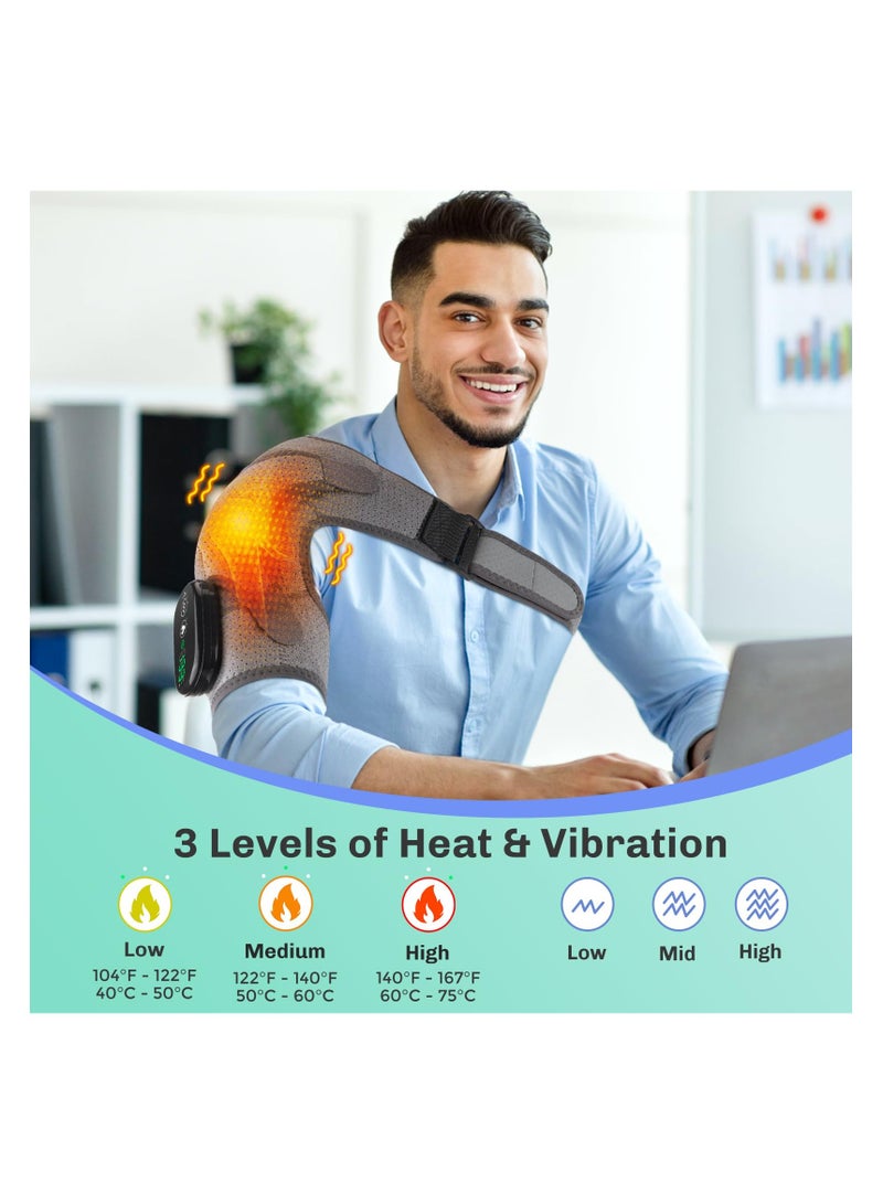 Cordless Heated Shoulder Wrap for Pain Relief, Portable Heating Shoulder Brace Massager with 3 Heat and Vibration Settings, USB Rechargeable Heating Pad for Men and Women