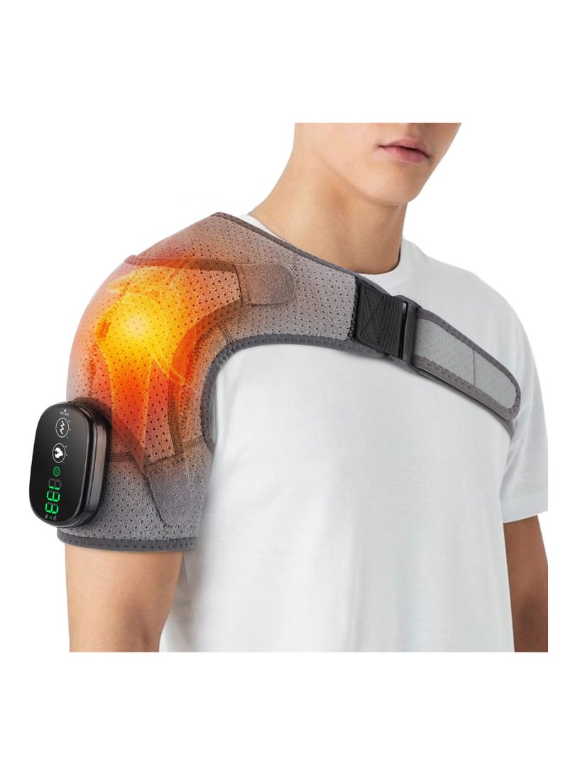 Cordless Heated Shoulder Wrap for Pain Relief, Portable Heating Shoulder Brace Massager with 3 Heat and Vibration Settings, USB Rechargeable Heating Pad for Men and Women