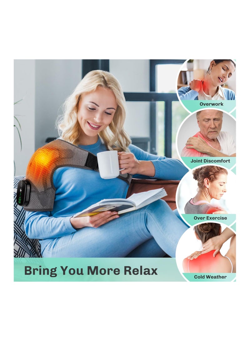 Cordless Heated Shoulder Wrap for Pain Relief, Portable Heating Shoulder Brace Massager with 3 Heat and Vibration Settings, USB Rechargeable Heating Pad for Men and Women