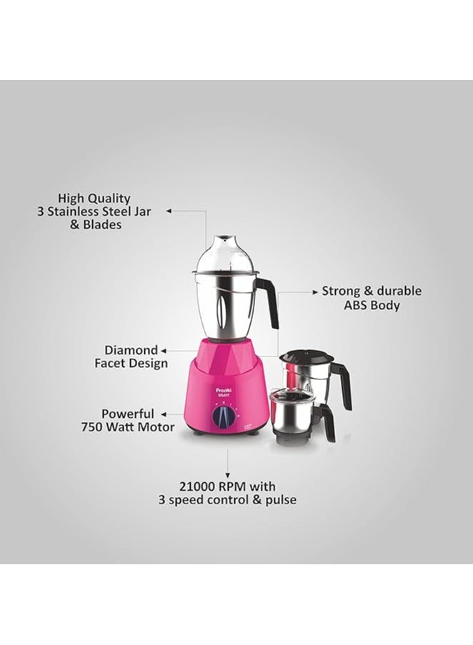 Preethi Galaxy MG225 Mixer Grinder, 750 watt, Pink, 3 Jars